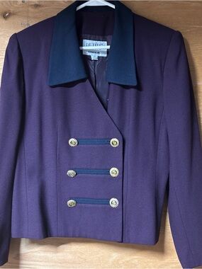 Petite Sophisticate Plum Twill Blazer with Navy Trim & Gold Buttons